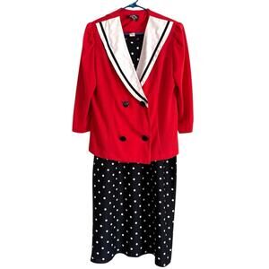 Vintage Two Piece Dress and Jacket Set Polka Dot Red White Black Classic Retro